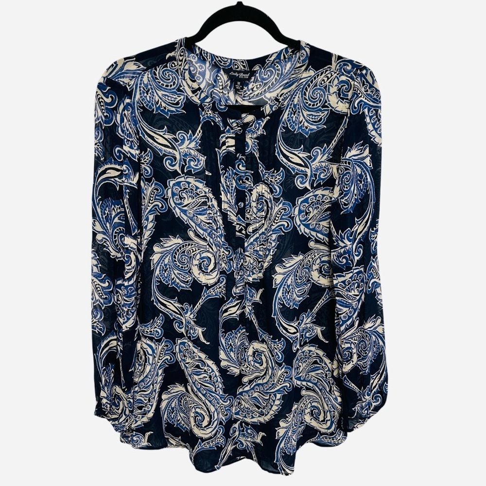 Lucky Brand blue white sheer paisley popover blouse pin tuck chest and buttons